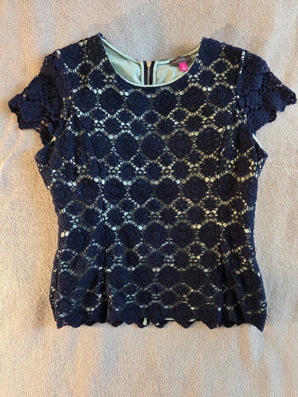 Top (Vince Camuto): Short sleeve, navy blue & mint green, macrame lace, Size S